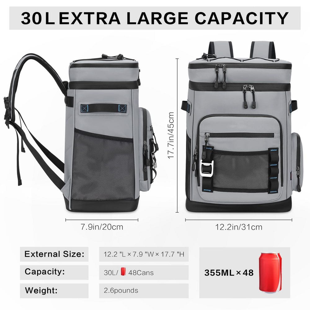 31.7 qt. Gray Insulated Backpack Cooler, Leak Proof Cooler for Camping, Beach, Fishing, Picnic and Travel - Hercitys