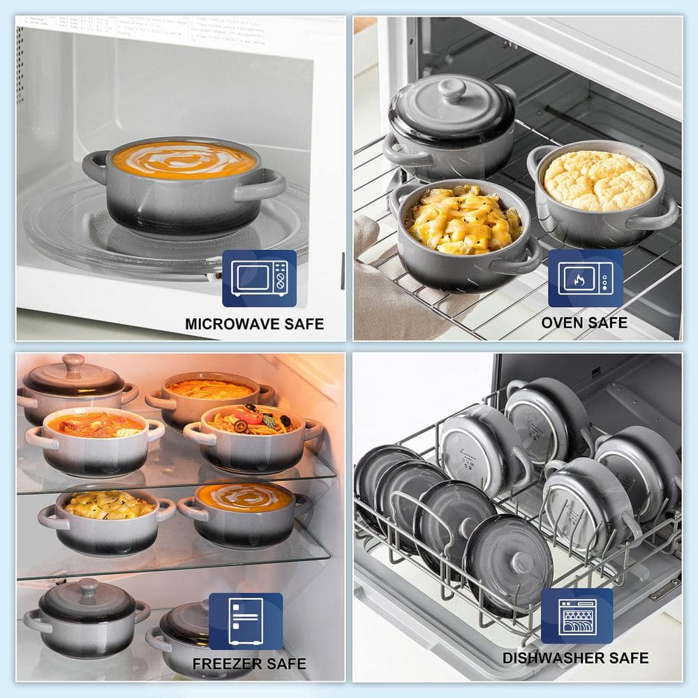 4-Piece Round Ceramic Soup Bowls with Handles, Mini Baking Ramekins, Oven and Microwave Safe Casserole Set, Black Gray - Hercitys