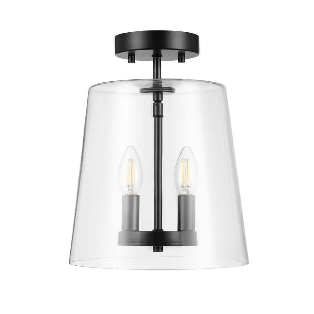 10 In. 2-Light Matte Black Contemporary Semi-Flush Mount with Clear Glass Shade and No Bulbs Included - Hercitys