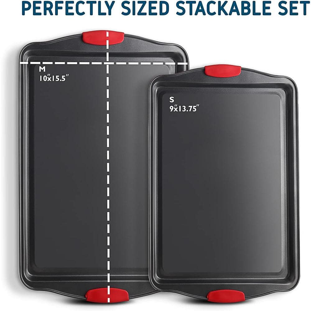 2-Piece Black Steel Nonstick Large and Medium Baking Cookie Sheet Set w/Silicone Handles - Hercitys