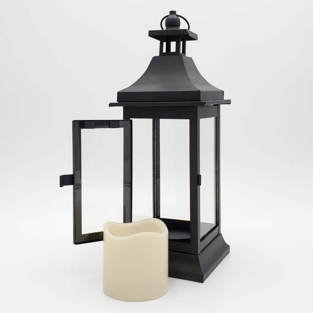 5 in. x 13.25 in. Matte Black Small Metal Classic Lantern with LED Candle - Hercitys