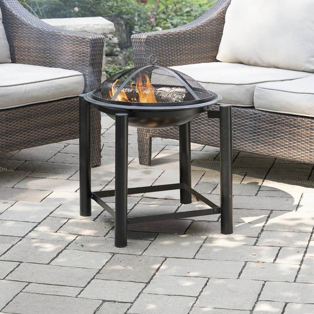 21.5 in. Round Steel Wood Fire Pit On Raised 4-Post Platform with Screen, Screen Lift, And Log Grate - Hercitys