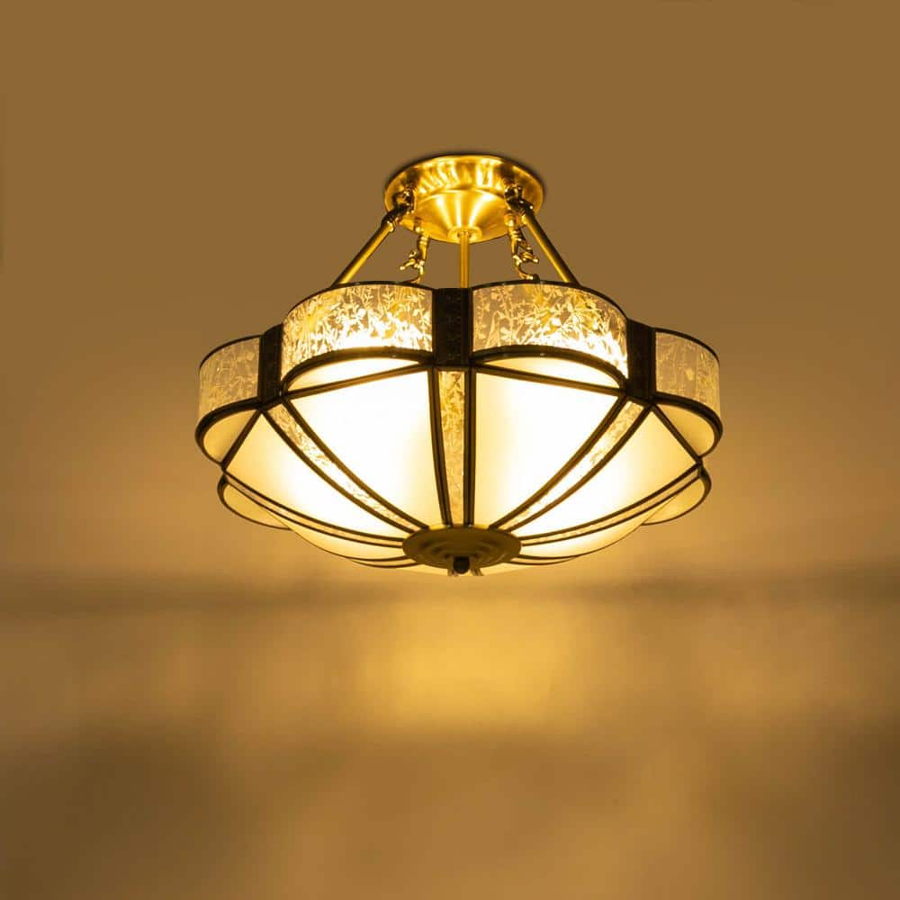 17.71 in. 4-Light Gold Retro Flower-Shaped Semi-Flush Mount Ceiling Light with Glass Shade, No Bulbs Included - Hercitys