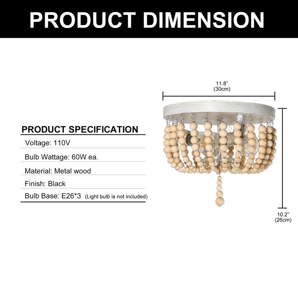 11.8 in. 3-Light Farmhouse Bohemian Wood Beaded Flush Mount - Hercitys