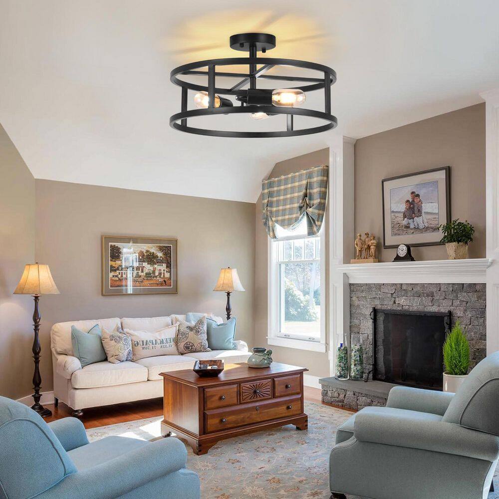 16.5 in. 3-Light Black Drum Semi Flush Mount Ceiling Light with No Bulbs Included - Hercitys