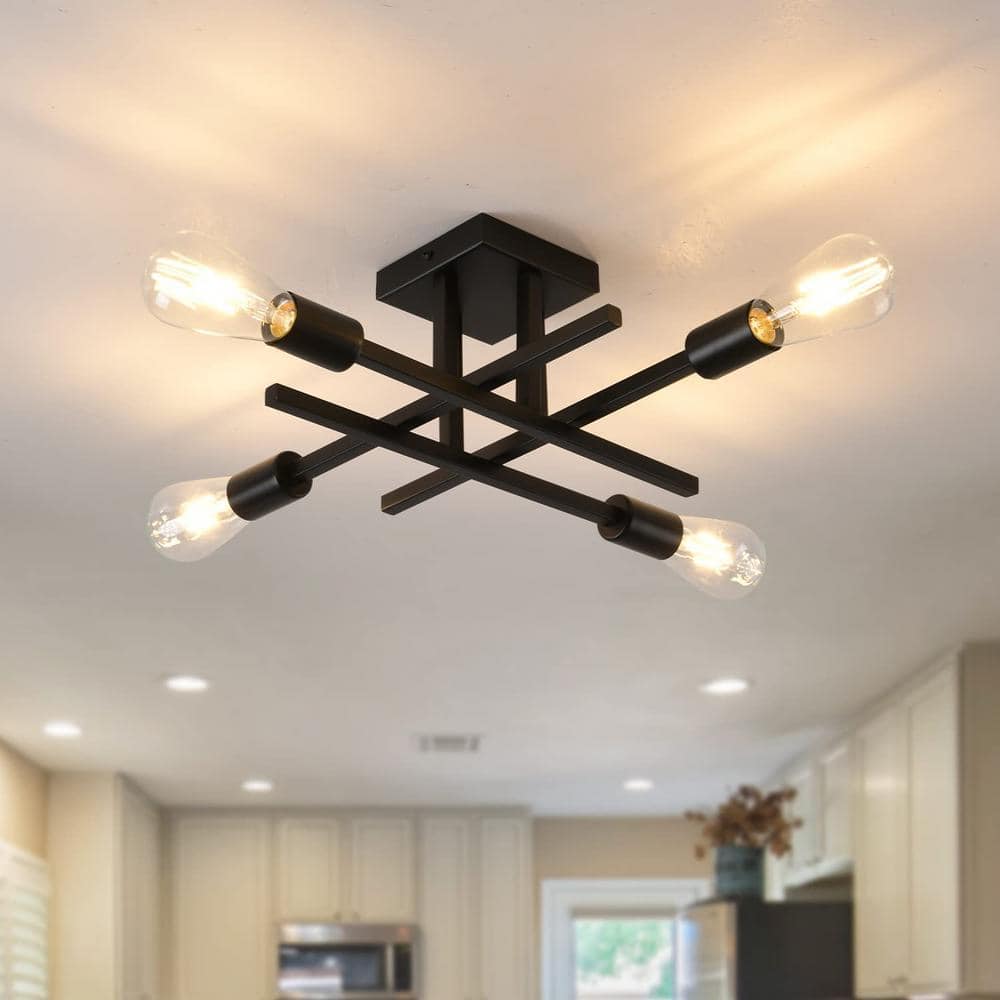 18.11 in. 4-Light Black Dimmable Sputnik Linear Chandelier Semi Flush Mount Chandelier for Living Dining Room Foyer - Hercitys