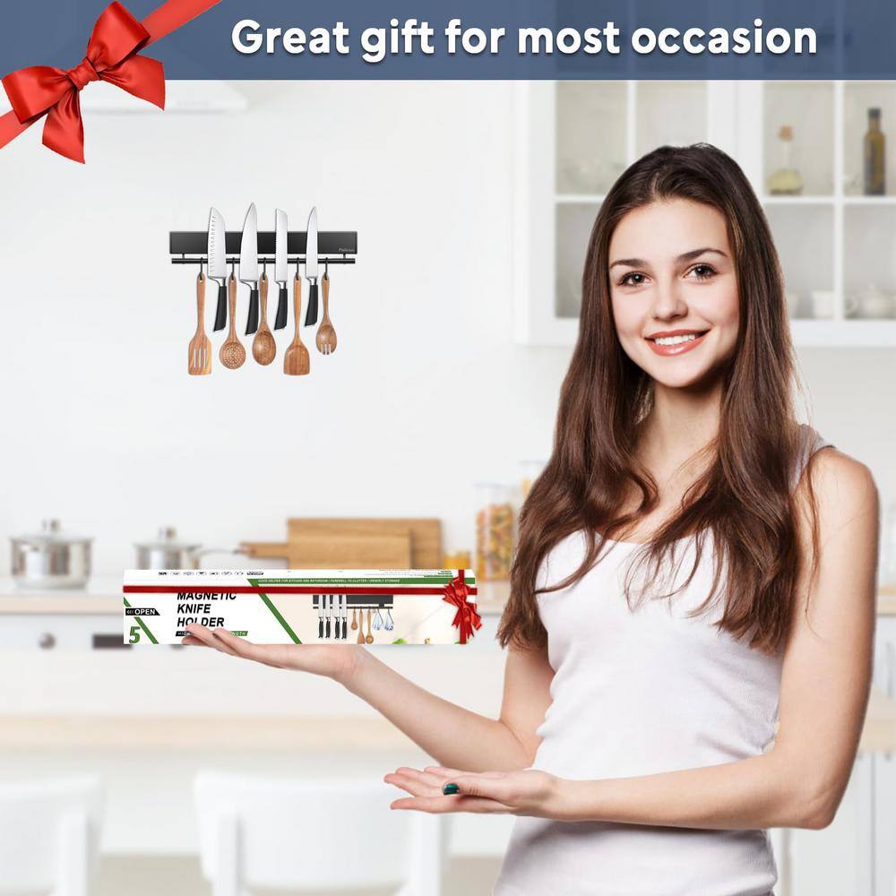5-Knife 12 in. Stainless Steel Magnetic Knife Holder with 5 Hooks, Black Knife Magnetic Strip, Magnetic Knife Bar - Hercitys