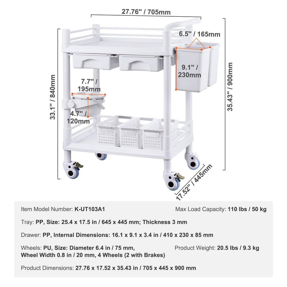 2 Tiers Lab Carts, Mobile Medical Cart with PP Material, 2 Drawers & 4 Silent Wheels, White Plastic Kitchen Cart - Hercitys