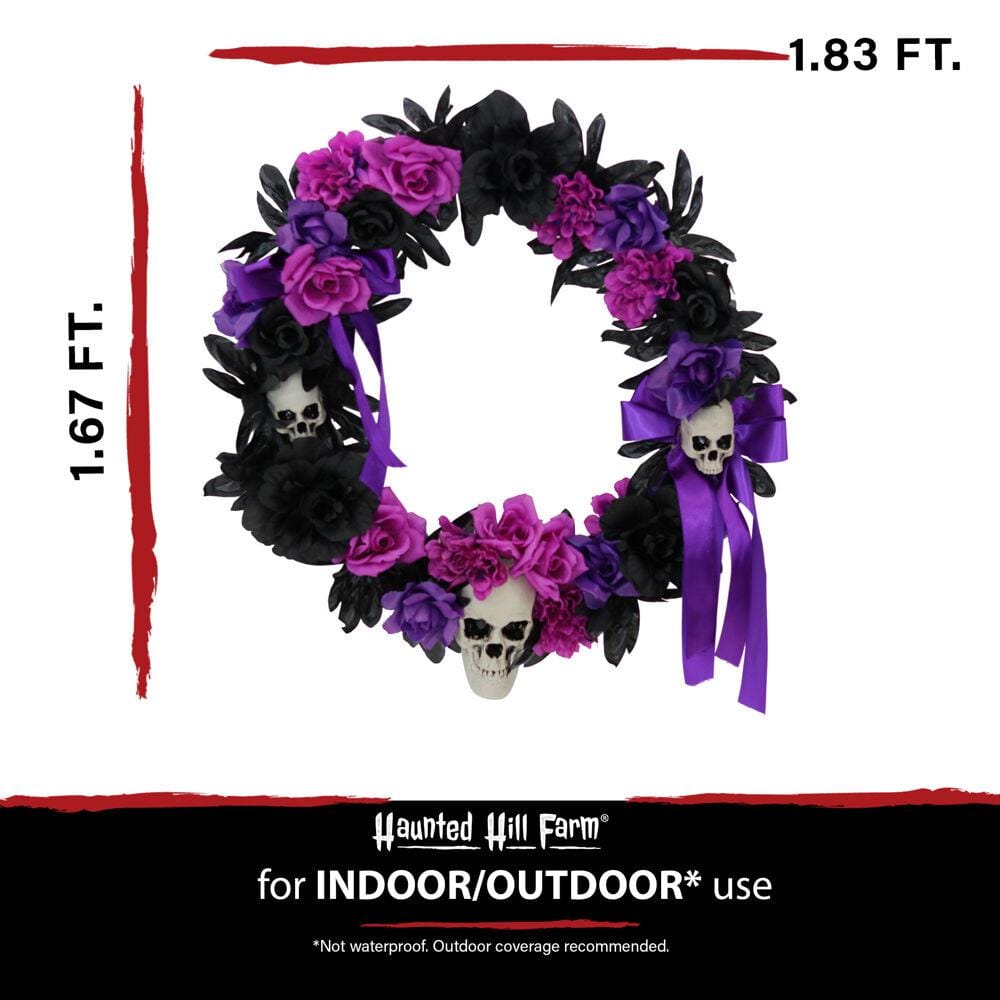 22 in. Halloween Wreath with Flowers and Skulls - Hercitys