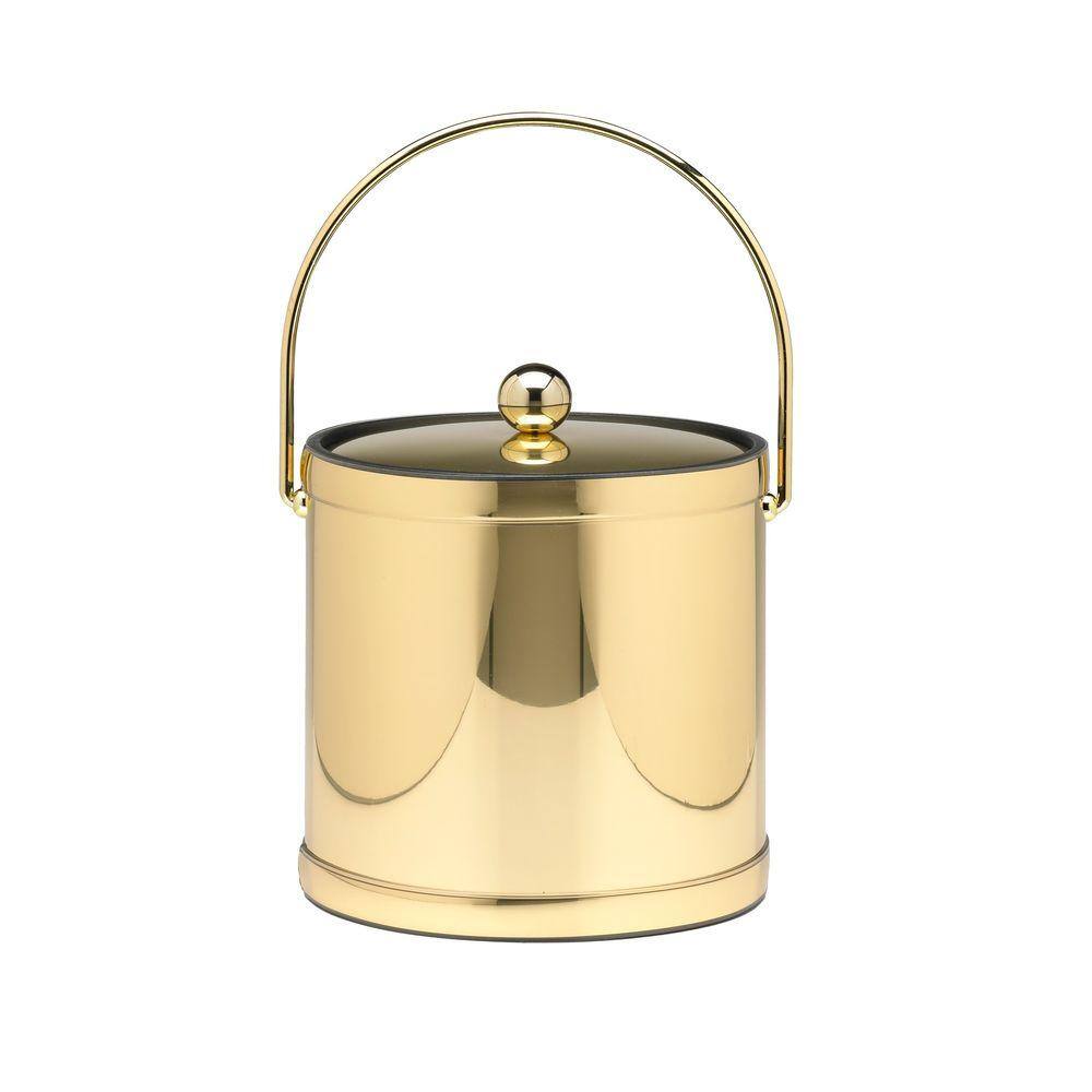3 Qt. Polished Brass Mylar Ice Bucket with Bale Handle, Bands and Metal Cover - Hercitys