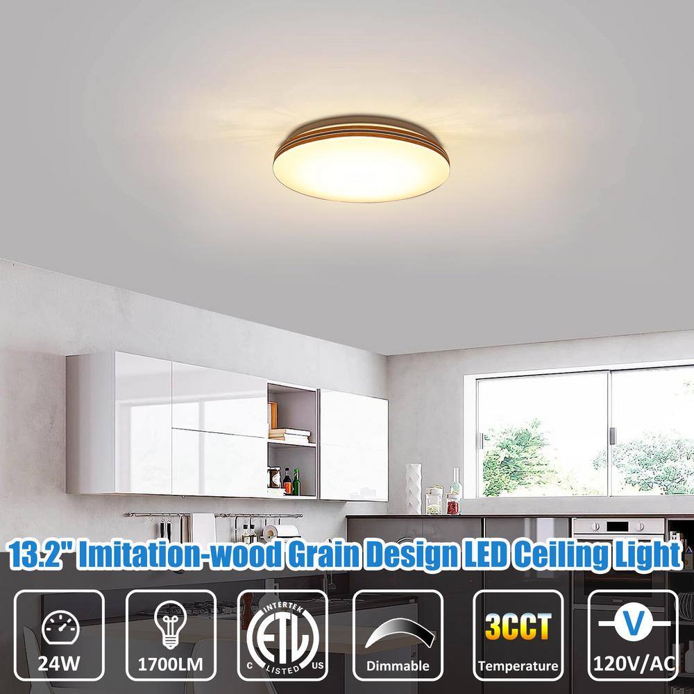13.2 in. Round White with Faux Wood-Grain Trim Adjustable CCT 3000K/4000K/5000K Dimmable Flush Mount Light Fixture - Hercitys