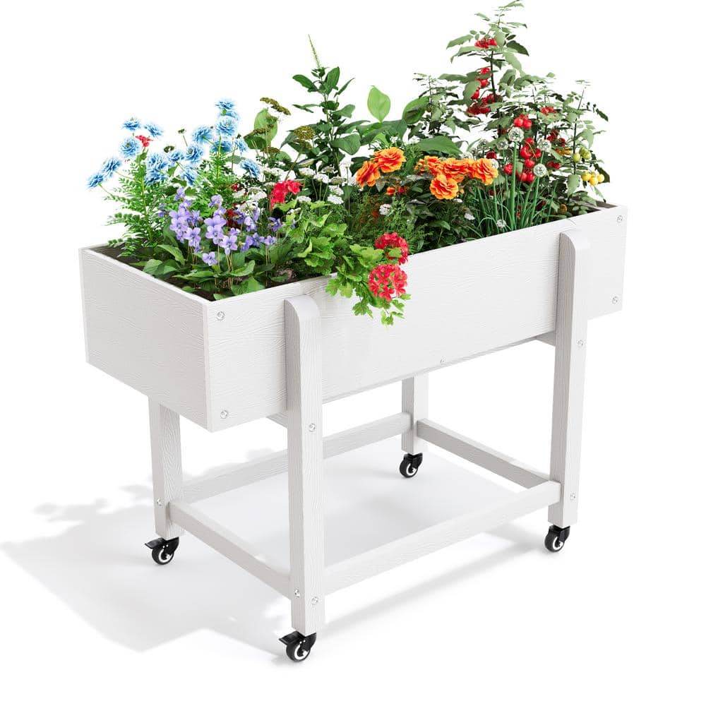 39 in. x 16.7 in. x 28 in. White Plastic Mobile Elevated Garden Beds with Lockable Wheels, Liner - Hercitys