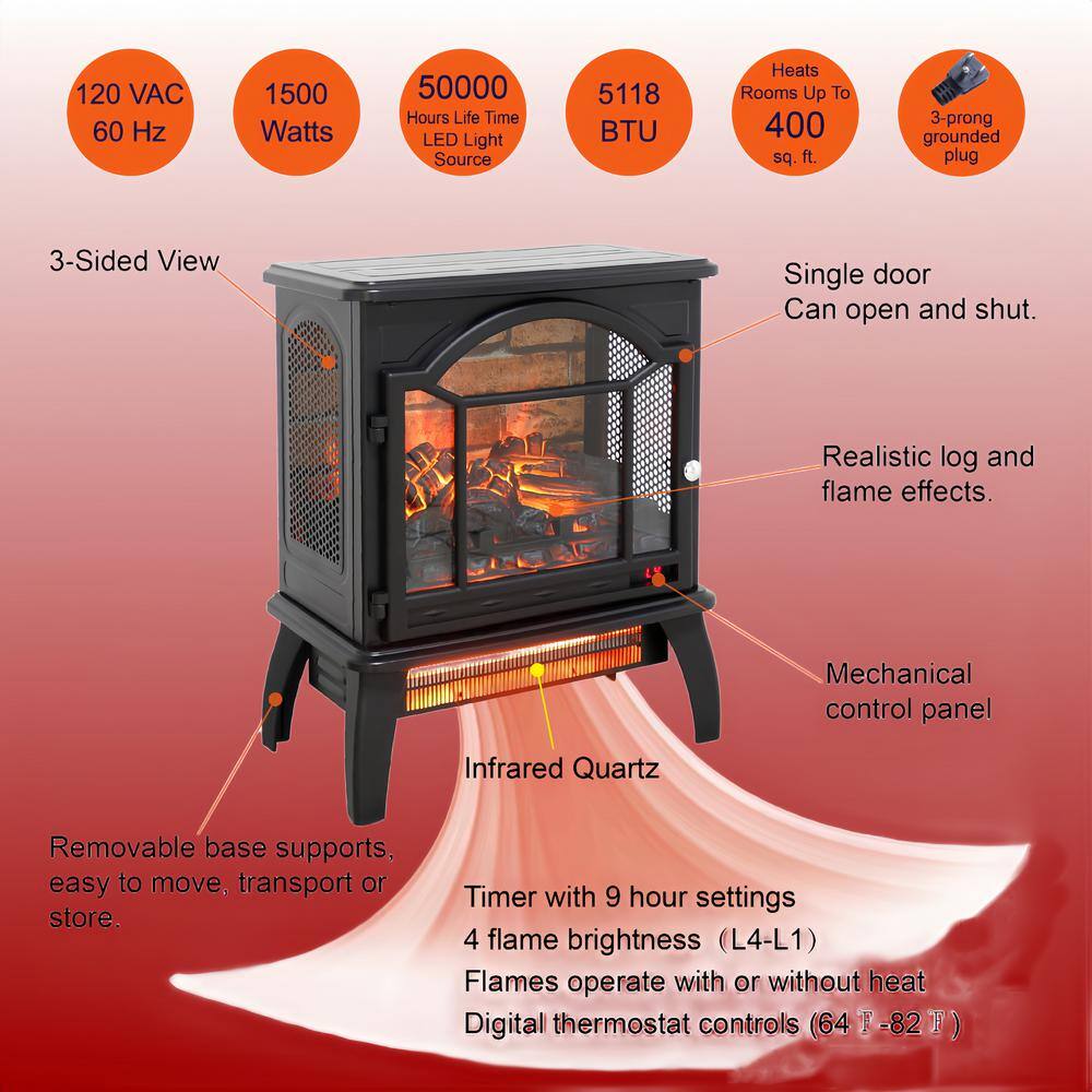 1500-Watt Black 18 in. 3D Flame Electric Convection Cabinet Infrared Space Heater with Auto Shut Off and Remote Control - Hercitys