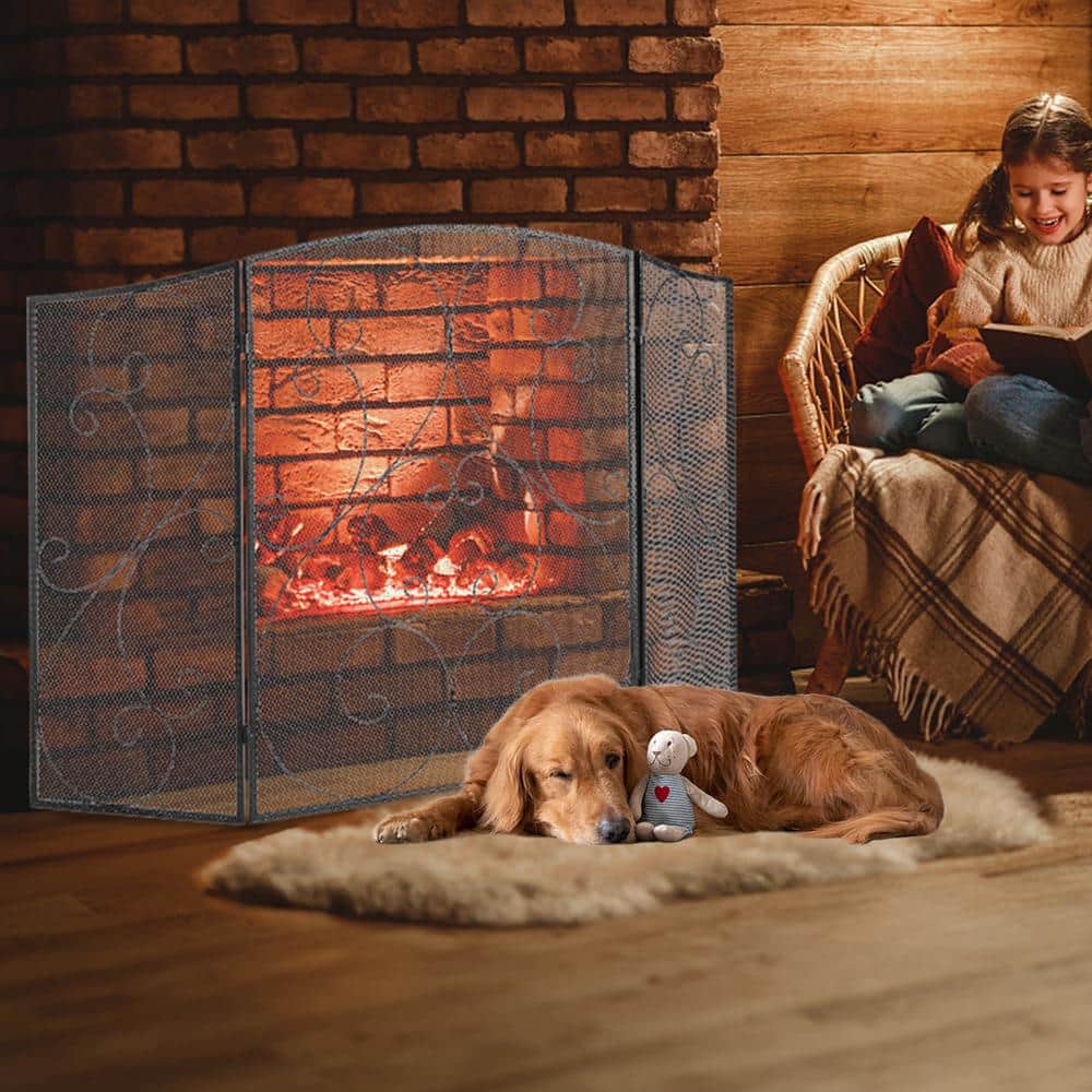 3-Panel Fireplace Screen 48 in. L x 30.2 in. H Sturdy Iron Mesh Fireplace Screen No Assembly Required Spark Guard Cover - Hercitys