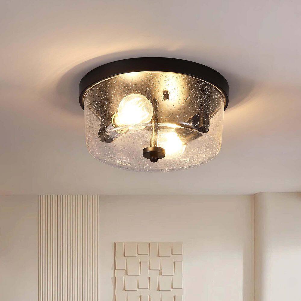 10.63 in. 2-Light Black Farmhouse Flush Mount with Seeded Glass Shade and No Bulbs Included (2-Pack) - Hercitys