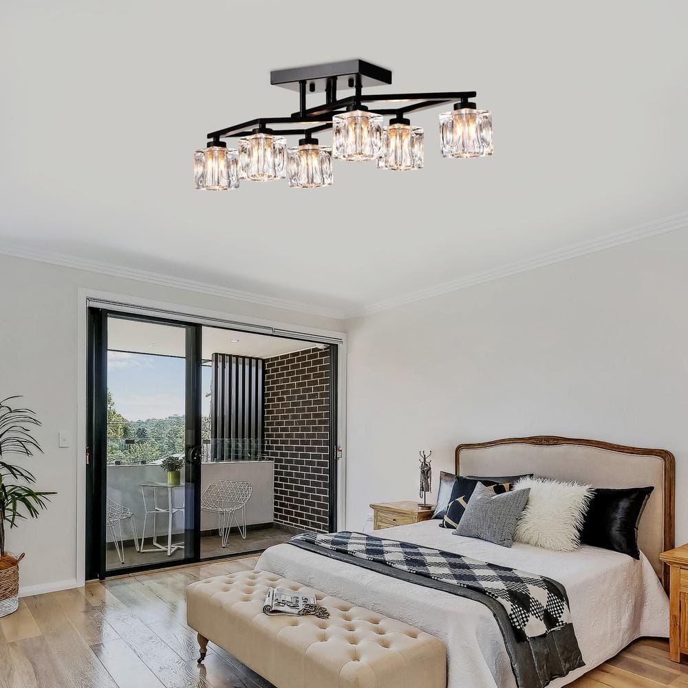 24.9 in. 6-Light Black Modern Farmhouse Flush Mount with Cube Shade - Hercitys