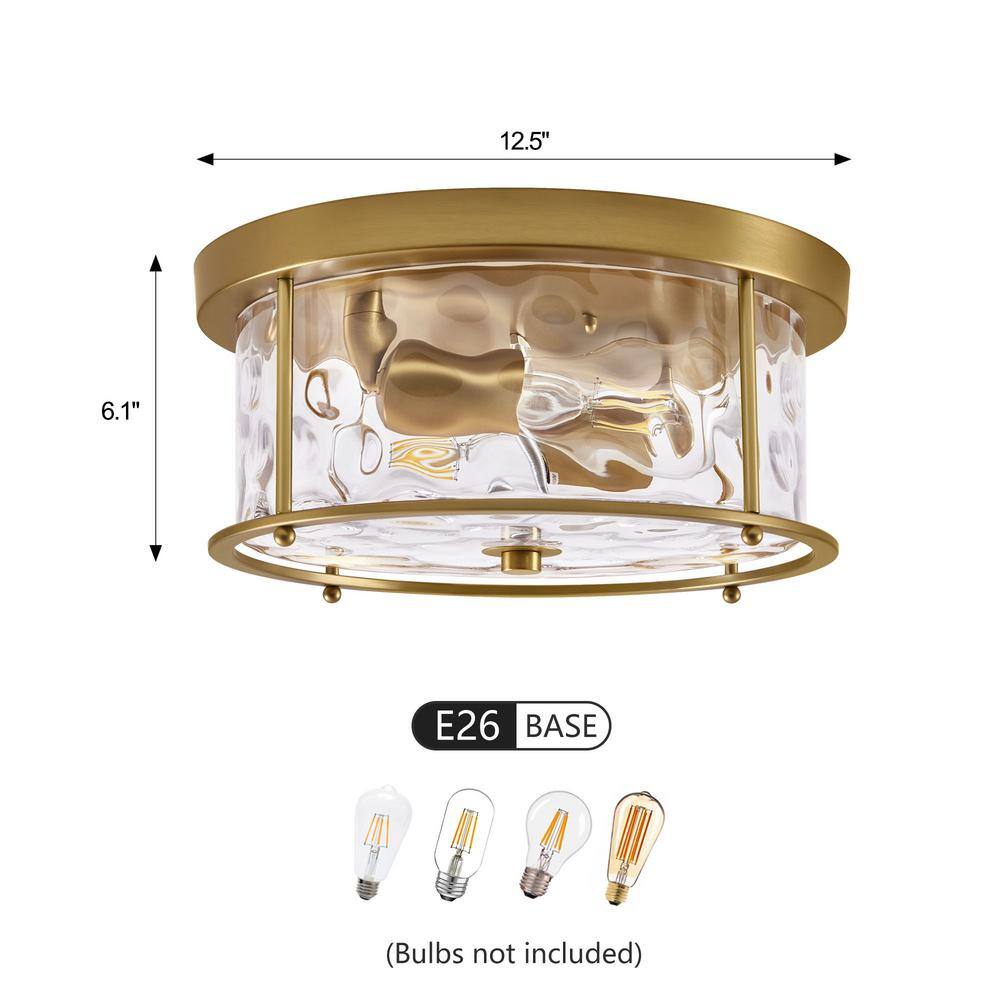 12.5 in. 2-Light Gold Flush Mount Water Ripple Glass Ceiling Light with Metal Frame - Hercitys