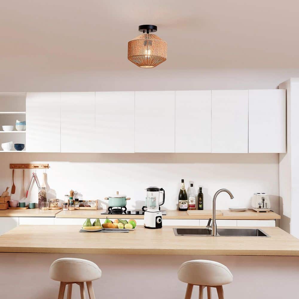 10.25 in. 1-Light Matte Black Semi-Flush Mount Ceiling Light with Paper Twine Shade - Hercitys