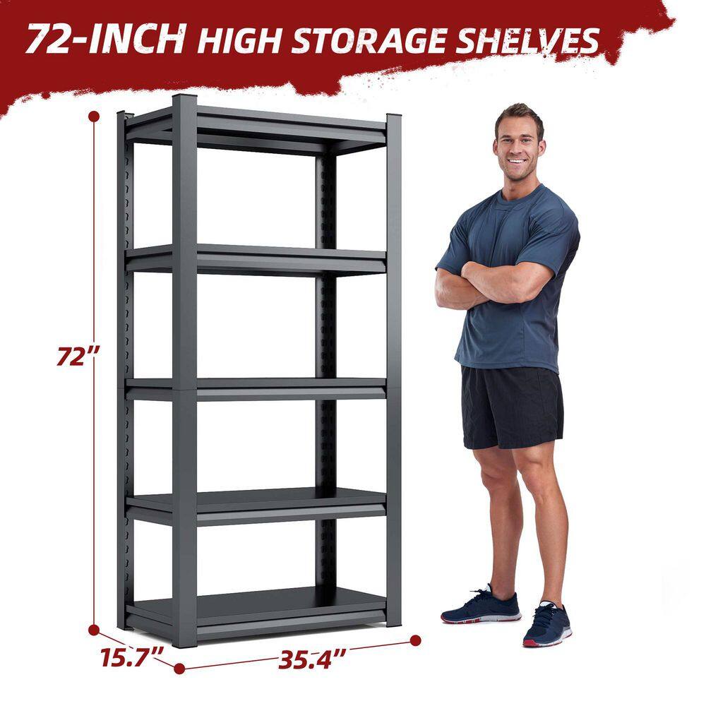 5-Tiers Steel Heavy Duty Adjustable Boltless Design Shelving Unit in Black (35.4 in. W x 72 in. H x 15.7 in. D) - Hercitys