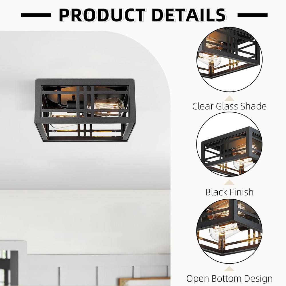 11 in. 2-Light Black Modern Flush Mount with Clear Glass and No Bulbs Included - Hercitys