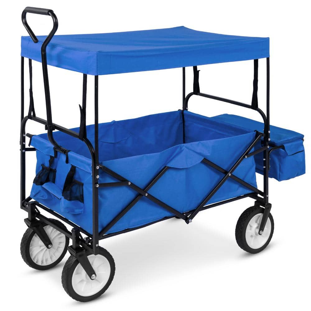 24 in. x 39 in. Utility Cargo Wagon Foldable Cart w/Removable Canopy, Cup Holders in Blue - Hercitys