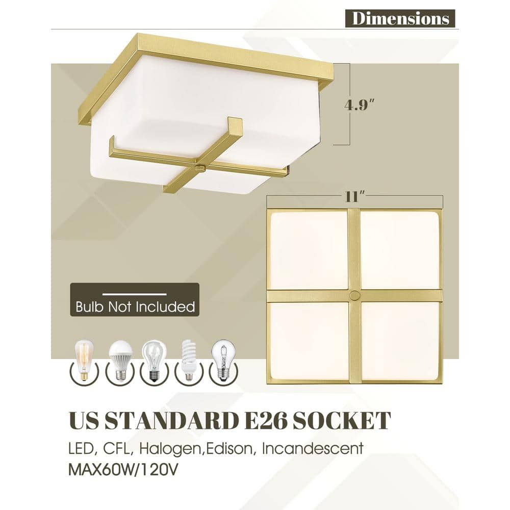 11 in. 2-Light Gold Flush Mount With Frosted Glass Shade and No Bulbs - Hercitys