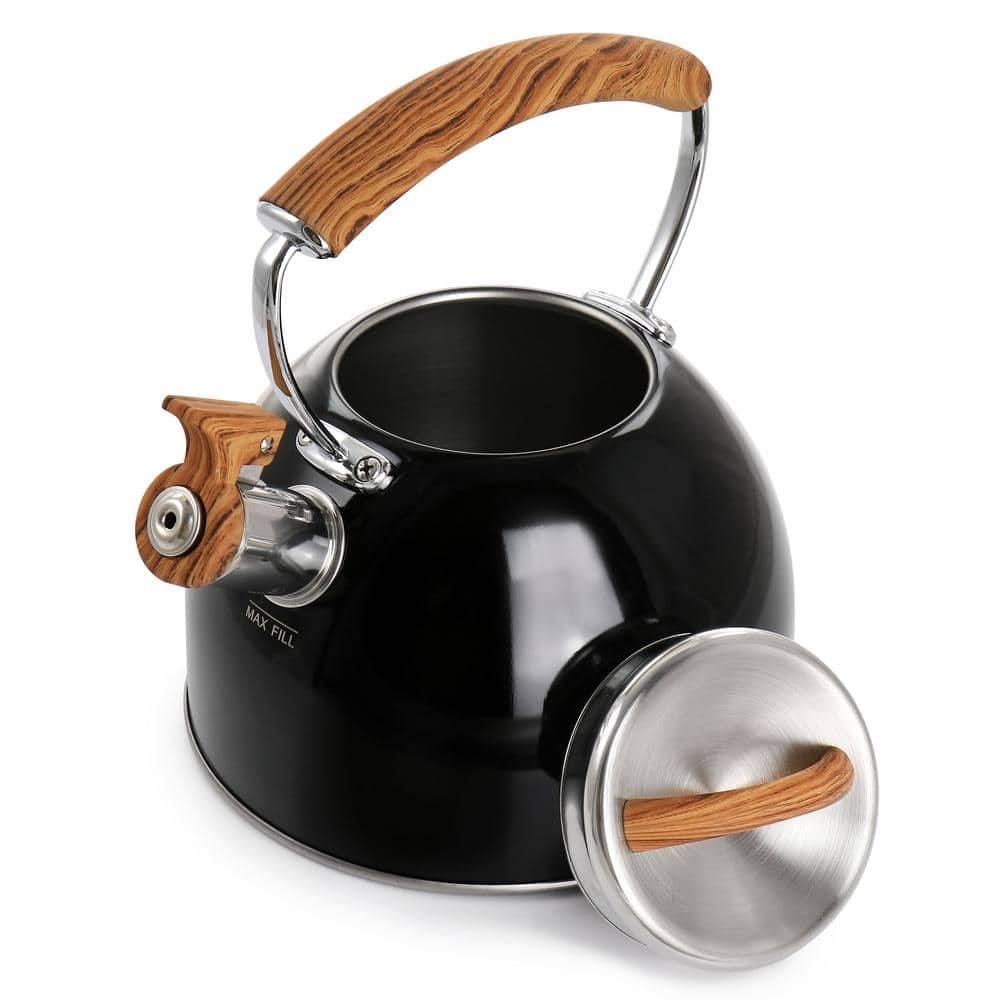 2-Quart 8-Cup Black Stainless Steel Whistling Tea Kettle with Wood Pattern Handle - Hercitys