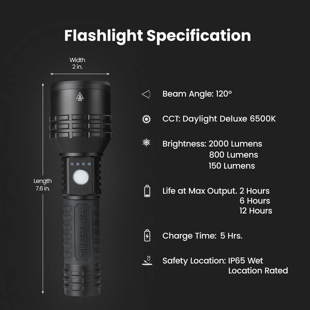 2000 lumens 7.5 in. Dual Power LED Rechargeable Long Range Handheld Flashlight (3-Pack) - Hercitys