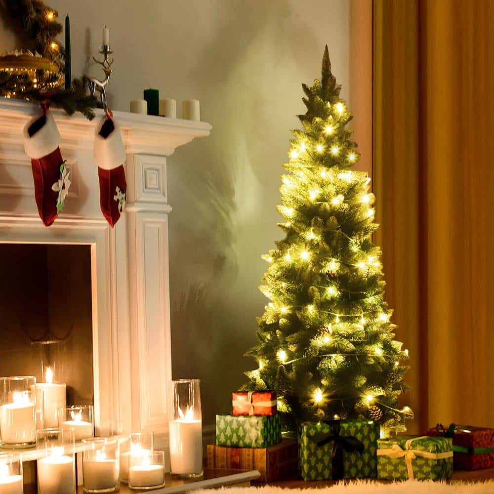 5 ft. Green and White Unlit Snow Flocked Artificial Christmas Tree Pencil with Hinged Pine Cones - Hercitys