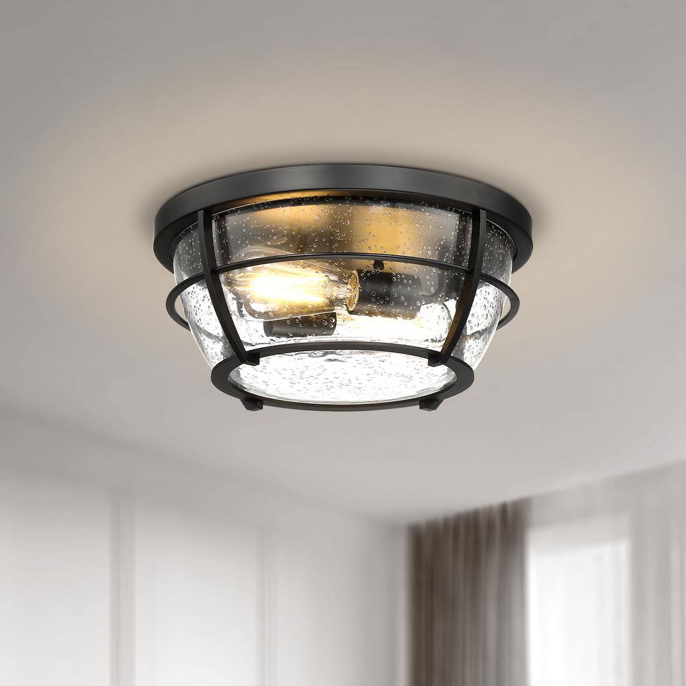 12.8 in. 2-Light Matte Black Barreled Cage Flush Mount Ceiling Light - Hercitys