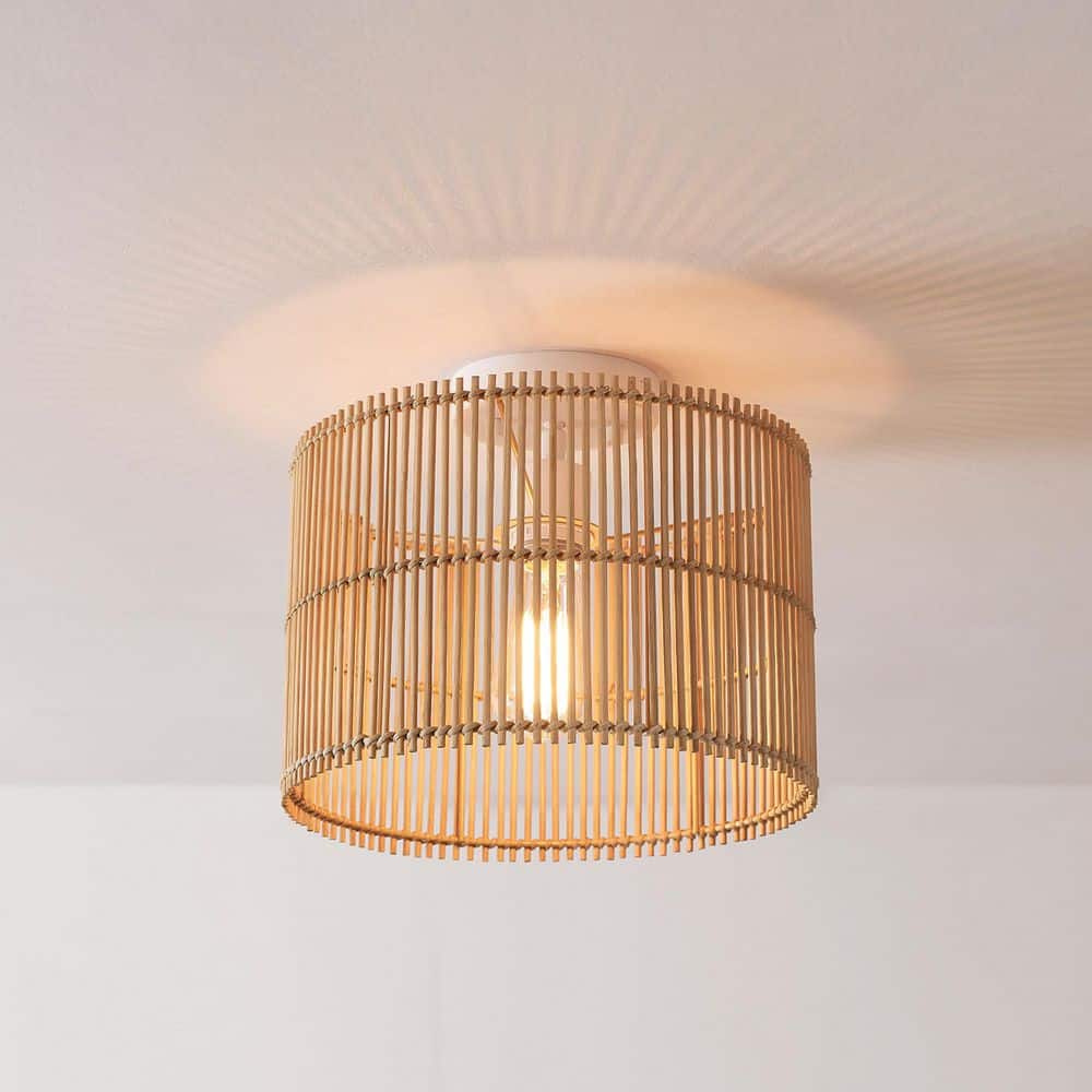 11.75 in. 1-Light Matte White Semi-Flush Mount Ceiling Light with Natural Bamboo Shade - Hercitys