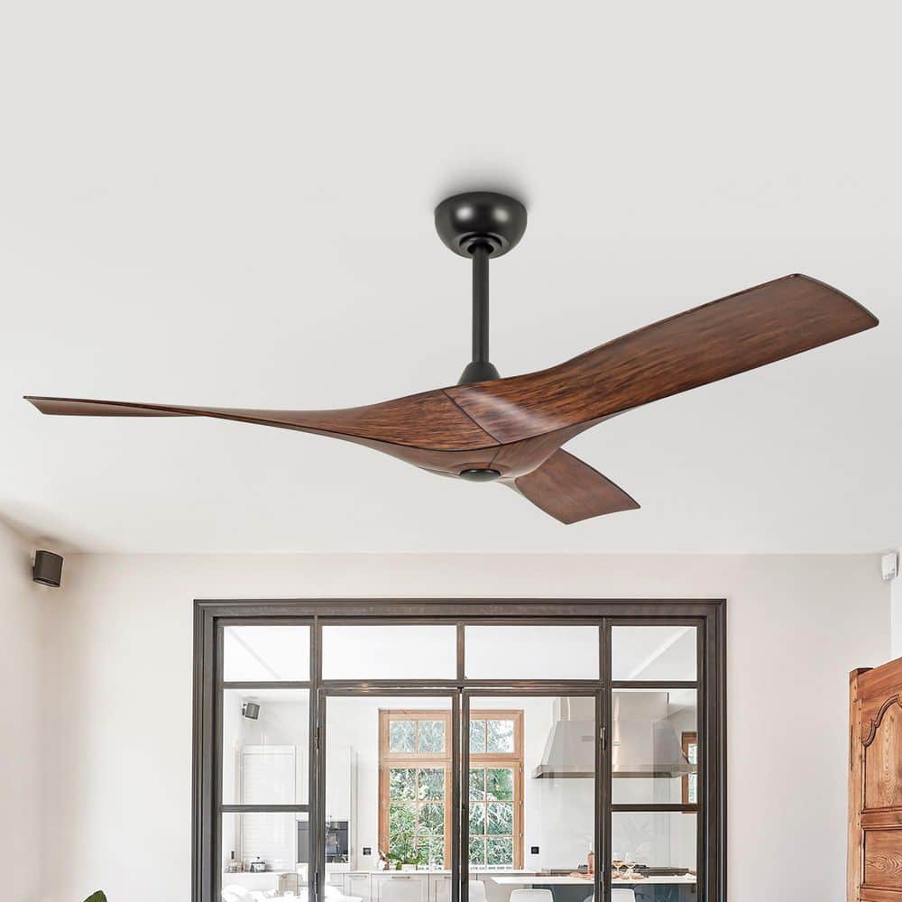 52 in. Modern Black Downrod Ceiling Fan with 6 Speed Remote Control, DC Motor and 3 Walnut ABS Blades - Hercitys
