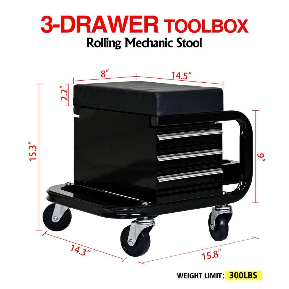 16 in. W Black Steel 3-Drawer Rolling Mechanic Stool w/Ball-Bearing Slides, 300 lb. Capacity and Swivel Casters - Hercitys