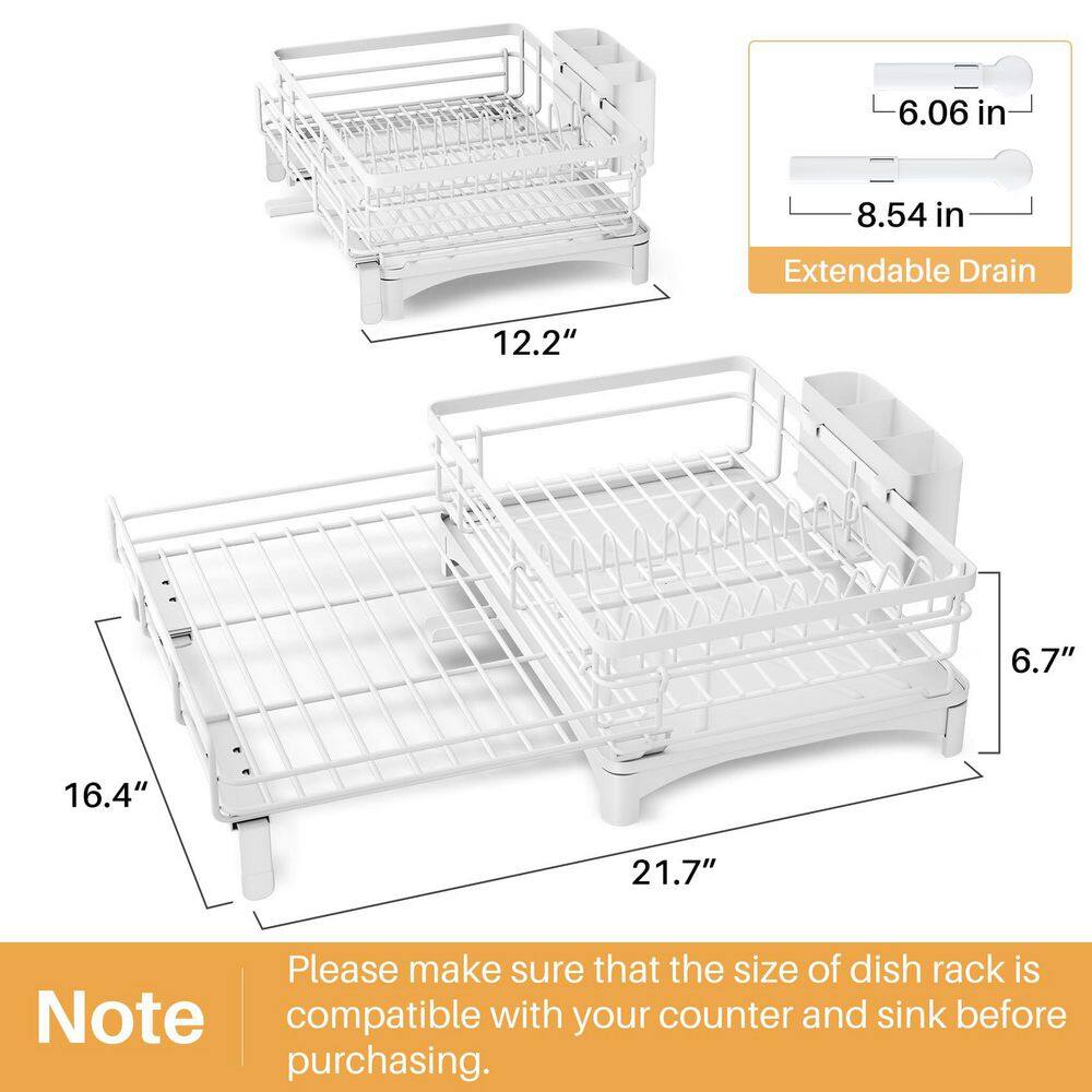 12.2 in. to 21.7 in. White Extendable Dish Rack, Dish Drying Rack, Stainless Steel Dish Strainer with Utensil Holder - Hercitys
