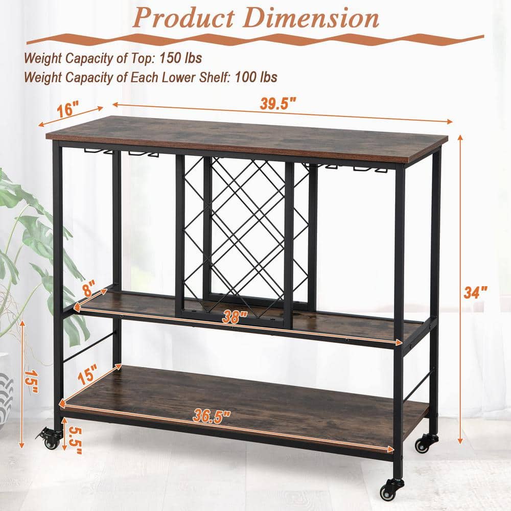 3-Tier Brown Rolling Kitchen Cart Wine Bar Cabinet with 8-Bottles Rack and 12-Glasses Hanger - Hercitys
