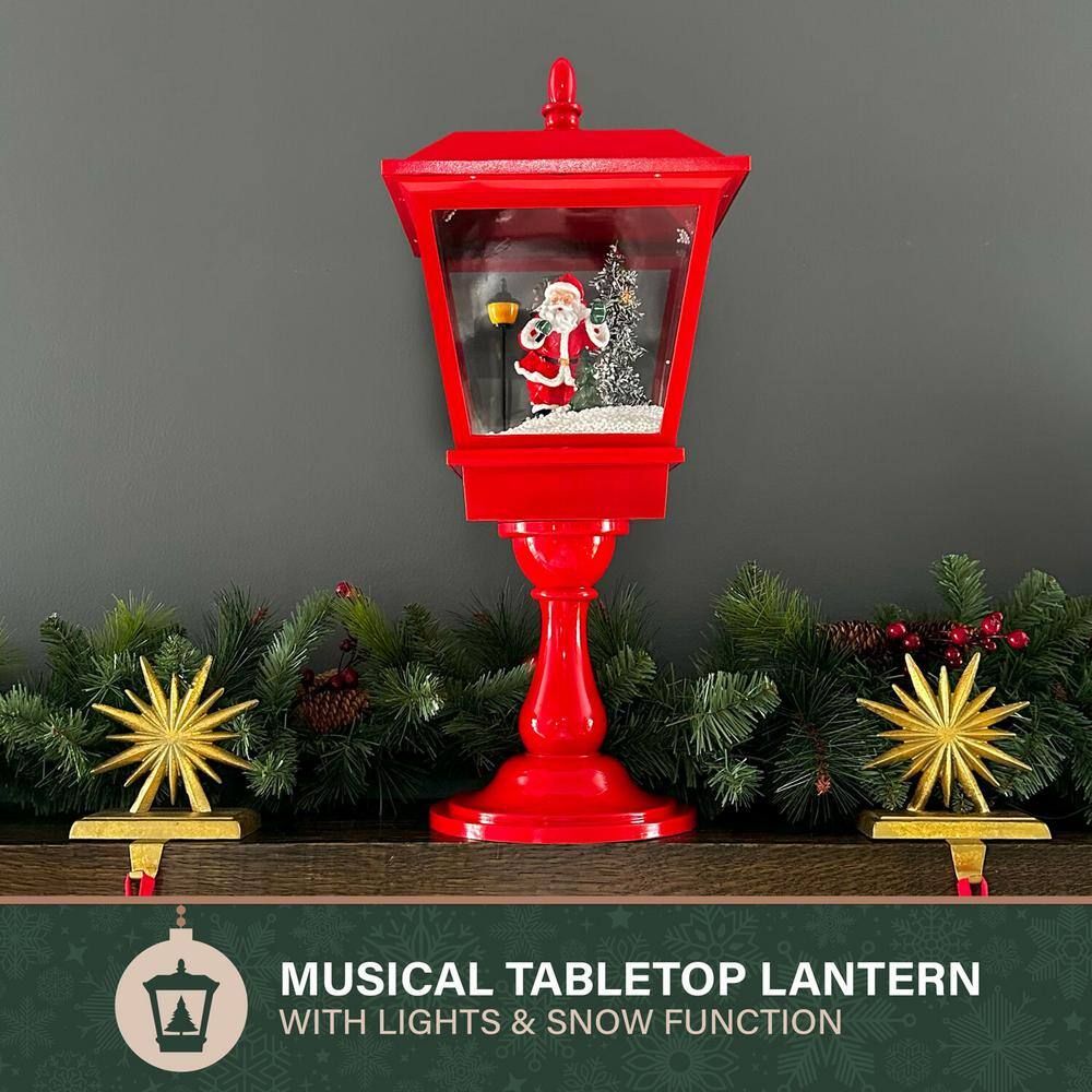 25 in. Musical Tabletop Lantern in Red Featuring Santa Scene and Snow Function - Hercitys