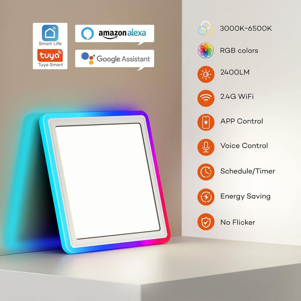 13 in. Wifi Smart LED Ceiling Light, 6500K 2400 Lumen RGB Flush Mount Lighting Fixture with Alexa Google Home - Hercitys