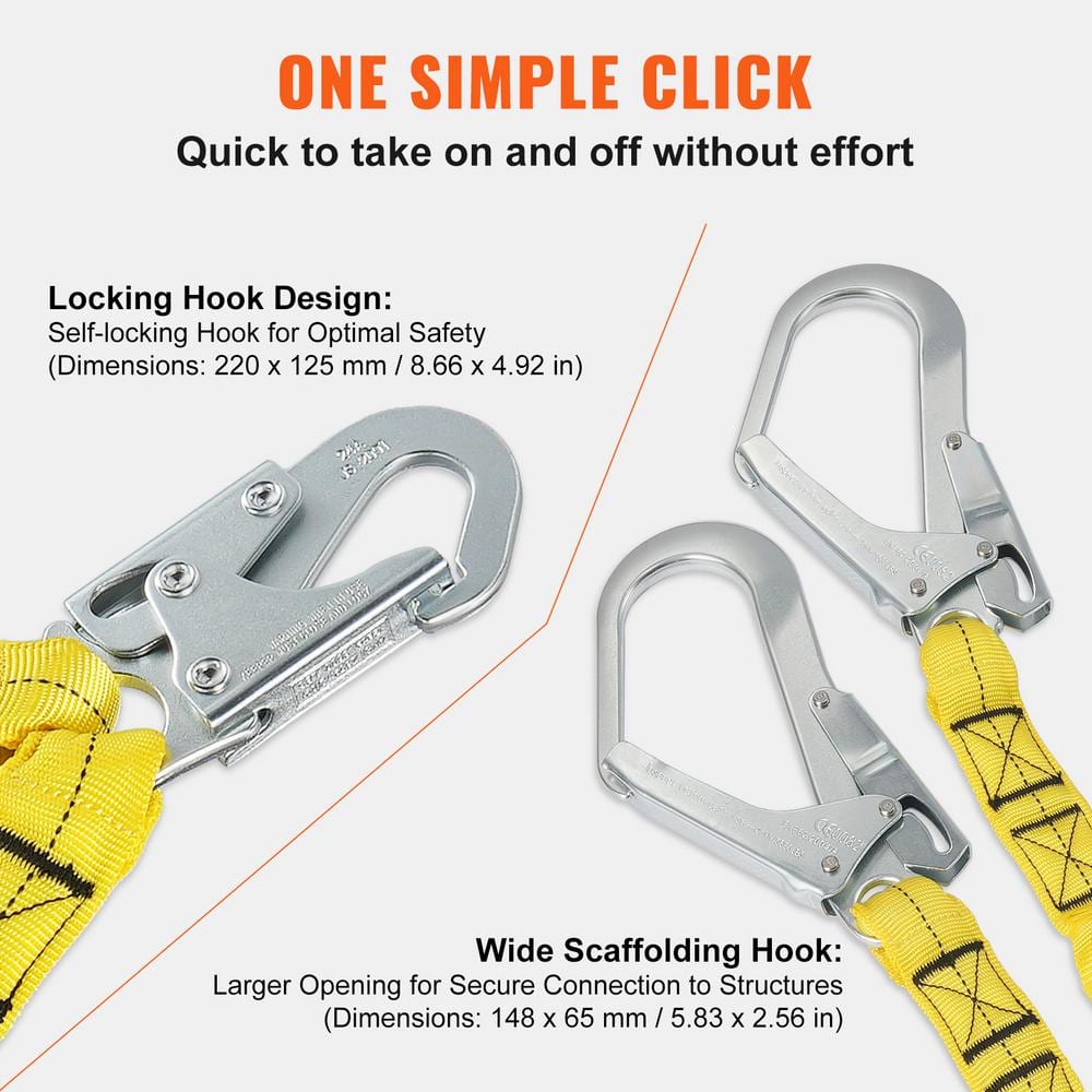 38 mm Safety Lanyard, 6 ft., 1.83 m, Fall Protection Lanyard with 2 Alloy Steel Snap Hooks, Retractable Safety Belt - Hercitys