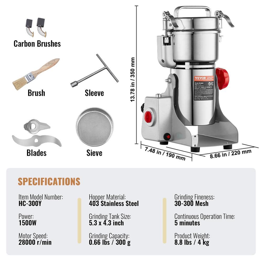 300g Electric Grain Mill Grinder, High Speed 1500-Watt Commercial Spice Grinders, Stainless Pulverize Powder Machine - Hercitys