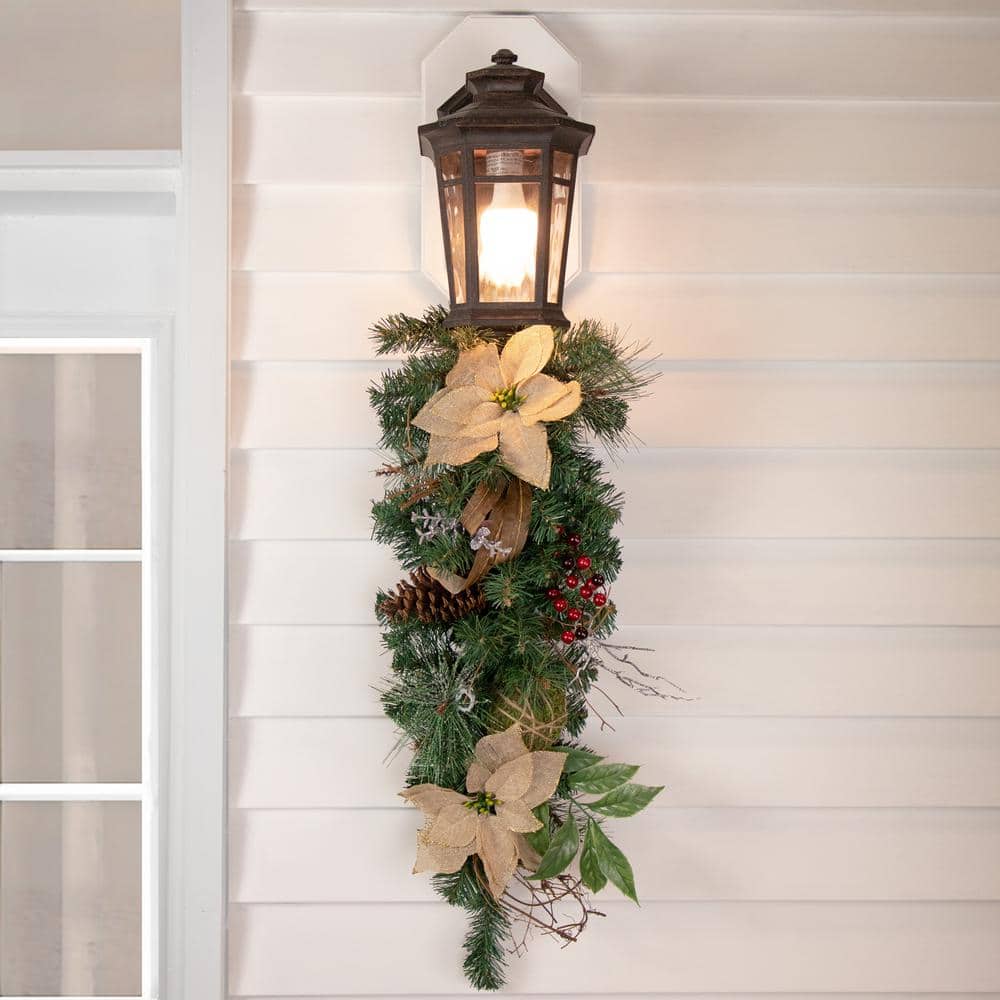 28 in. Unlit Autumn Harvest Burlap Poinsettia Moss Ball Mixed Pine and Berries Fall Teardrop Swag - Hercitys