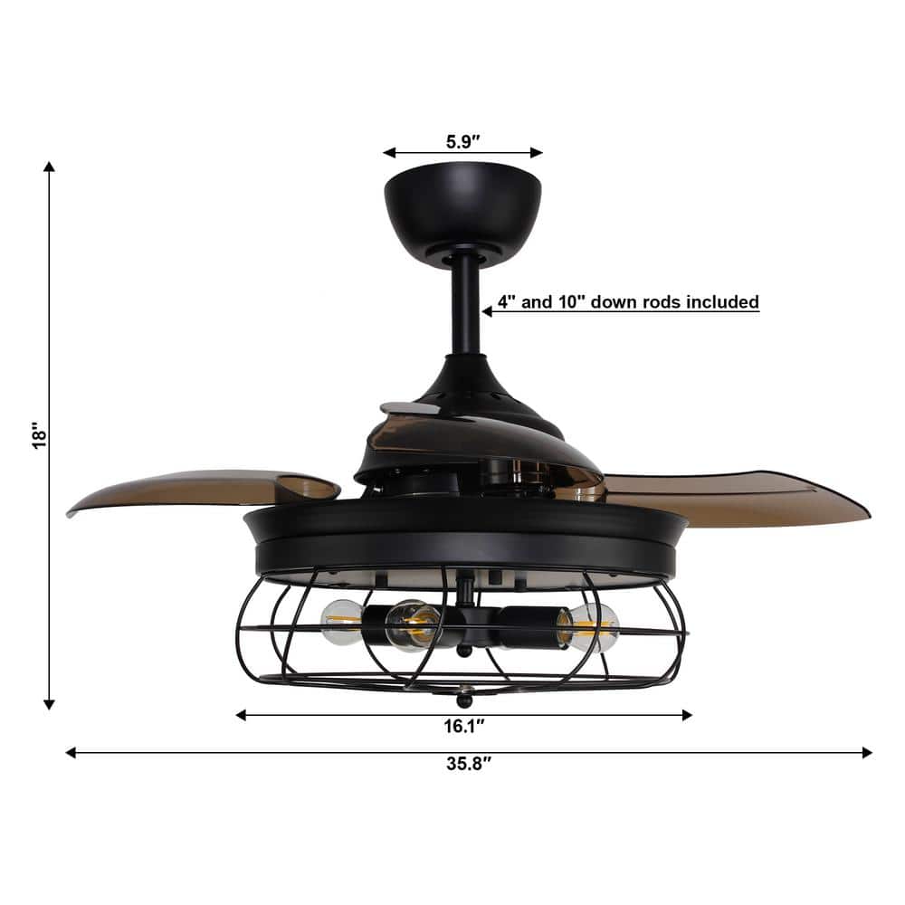 36 in. Downrod Mount Retractable 3-Blade Black Ceiling Fan with Light Kit and Remote Control - Hercitys