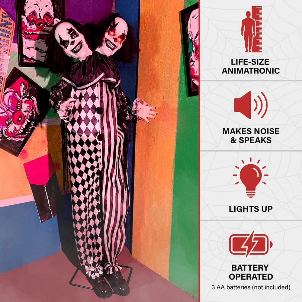 5.5 ft. in. Lifesize Animatronic 2-Headed Clown with Lights and Sound, Indoor/Covered Outdoor Halloween Decoration - Hercitys
