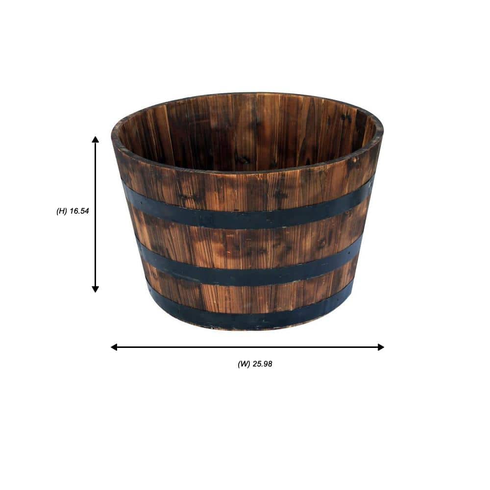 26 in. Jackson Extra Large Brown Wood Barrel Planter (26 in. D x 16.5 in. H) with Drainage Hole - Hercitys