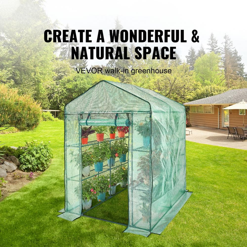 4.6 x 4.6 x 6.6 ft. Walk-in Greenhouse with Shelves, PE Cover, Zipper Door, Steel Frame, for Planting and Storage - Hercitys