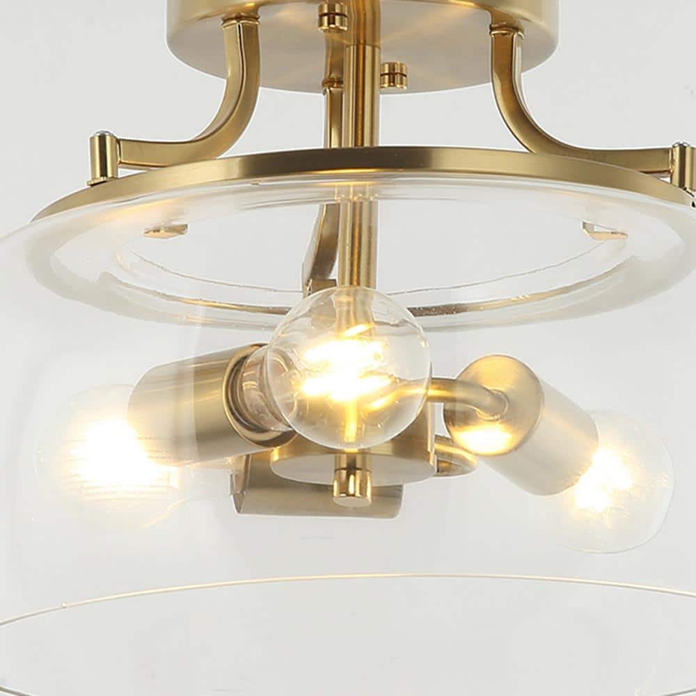 13 in. 3-Light Brass Gold Semi-Flush Mount Ceiling Light Fixture with Clear Glass Shade - Hercitys