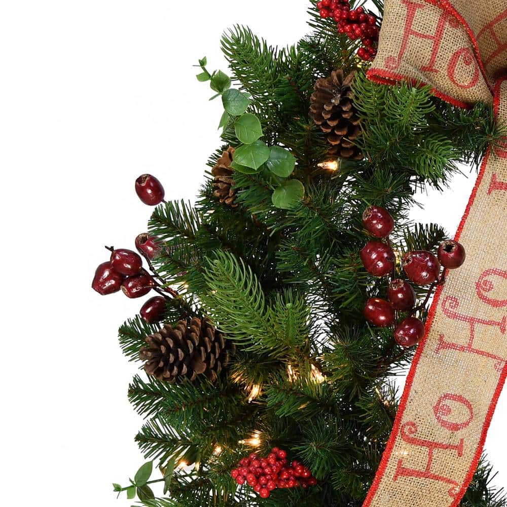 30 in. Green Prelit Artificial Christmas Wreath with Pinecones, Red Berries and Ribbon - Hercitys