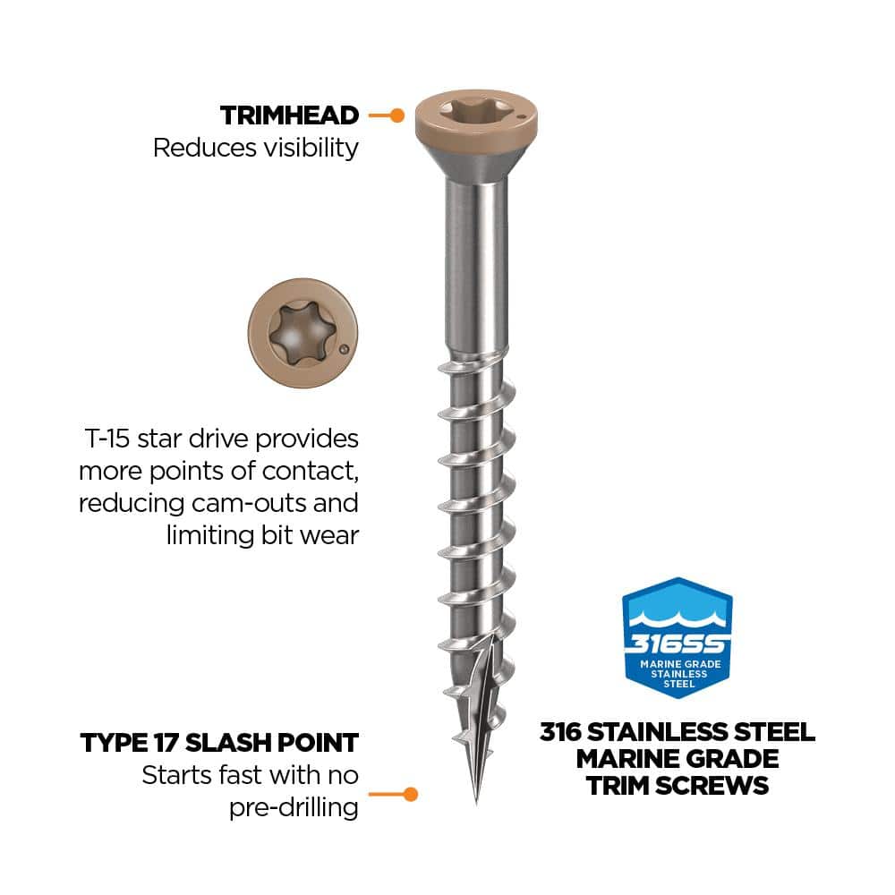 1-5/8 in. #8 316 Stainless Steel Tan Premium Star Drive Trim Screws (350-Count) - Hercitys