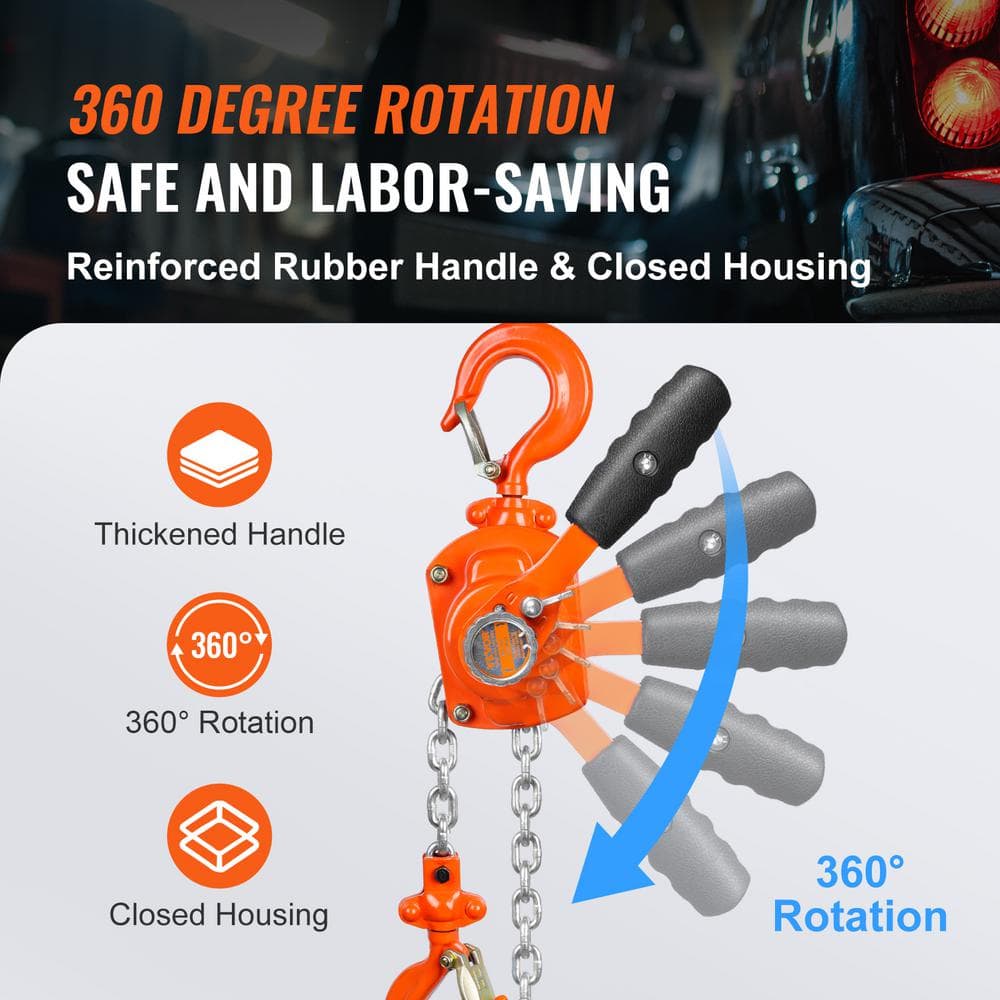 1/2 Ton Manual Lever Chain Hoist 5 ft. Long Chain Hoist with 360° Rotation Hook and Double-Pawl Brake - Hercitys