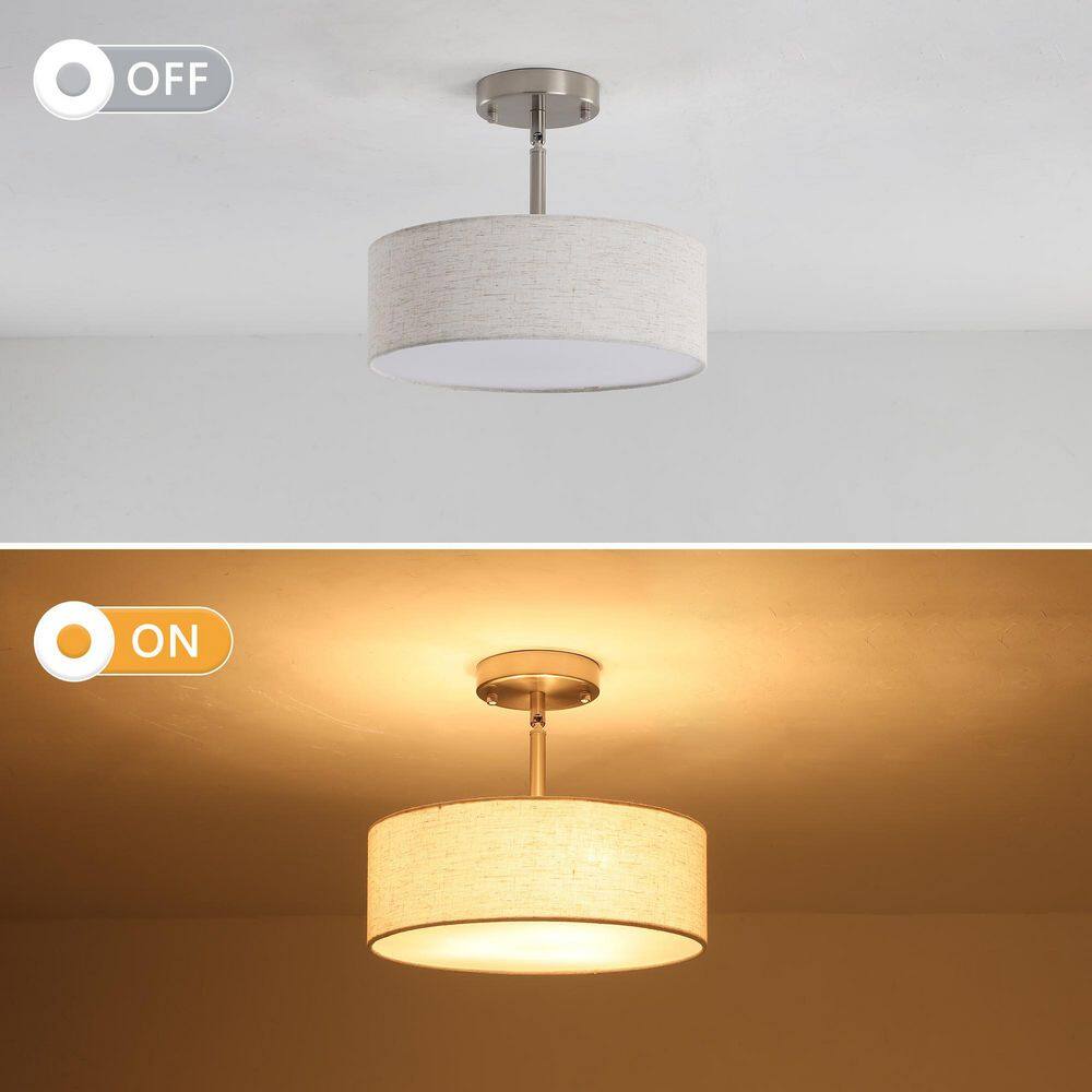 12.6 in. 3-Light Nickel Farmhouse Drum Semi-Flush Mount Light with Linen Cover - Hercitys