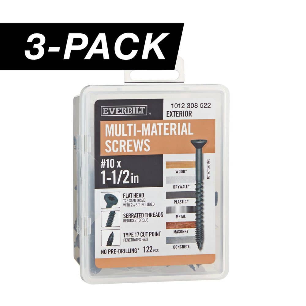 3-Pack #10 x 1-1/2 in. Black 6-Lobe Star Drive Exterior Flat Head Multi-Material Screw (3 lbs. / 366-Piece) - Hercitys